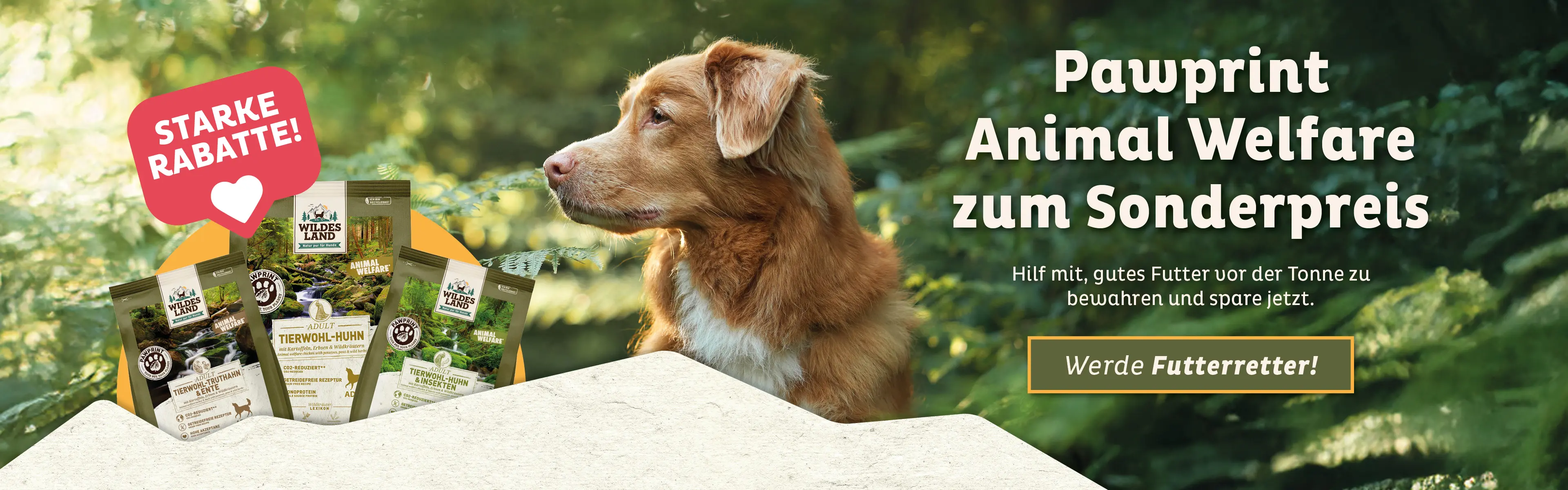 Banner für die Aktion Futter retten. PawPrint Animal Welfare zum Sonderpreis.